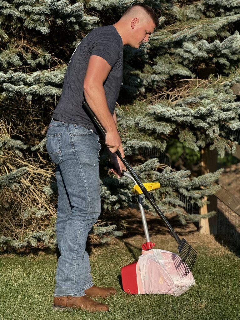 Dog poop removal tech scooping poop from a client's yard in Whitehouse, Ohio