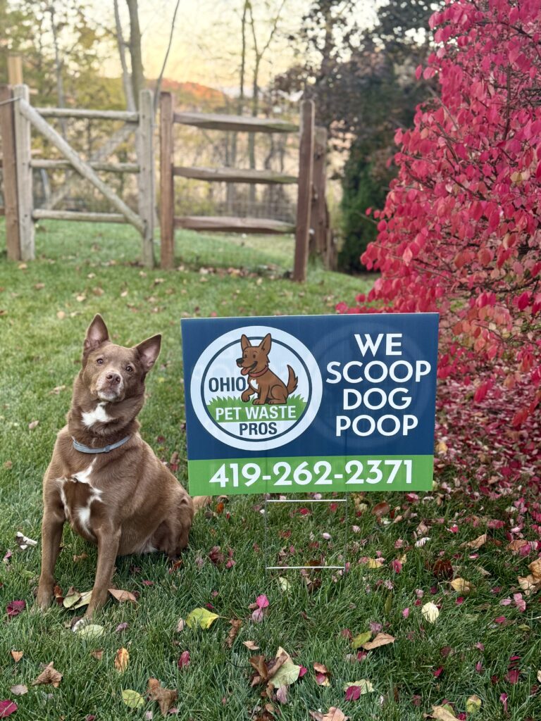 Happy dog sitting next to a pet waste removal service sign