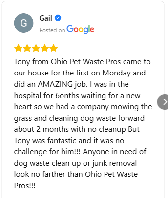 Five-star Google review praising Ohio Pet Waste Pros for reliable and compassionate dog waste cleanup service