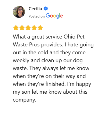 Five-star Google review praising weekly dog waste cleanup service