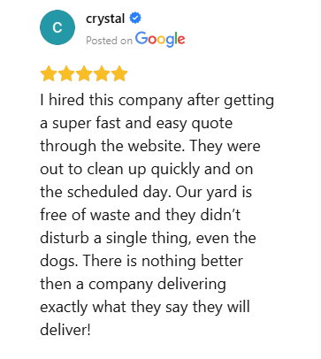 Five-star Google review praising fast scheduling and professional pet waste removal