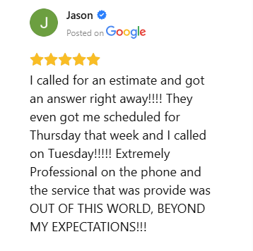Five-star Google review highlighting fast response and exceptional service
