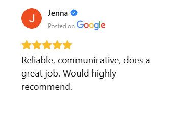 Five-star Google review praising reliable and communicative pet waste removal