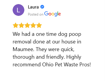 Five-star Google review praising quick and thorough dog poop removal in Maumee