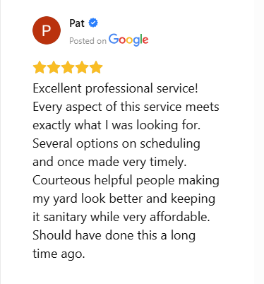 Five-star Google review praising professional and dependable dog poop cleanup service