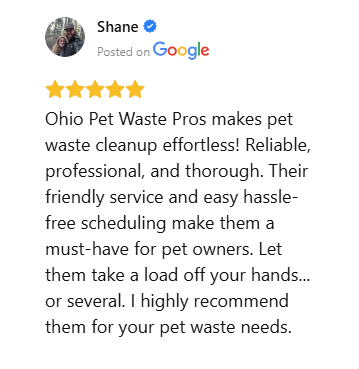 Five-star Google review praising reliable and hassle-free pet waste removal service