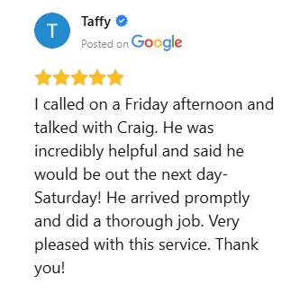 Five-star Google review praising fast response and thorough dog poop cleanup service