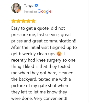 Five-star Google review highlighting easy scheduling and reliable pet waste cleanup