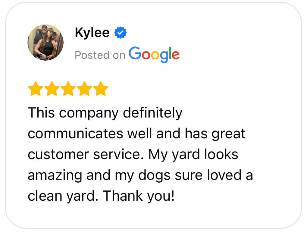 Google review from a new client boasting about ohio pet waste pro's customer service and said they did a good job cleaning her yard