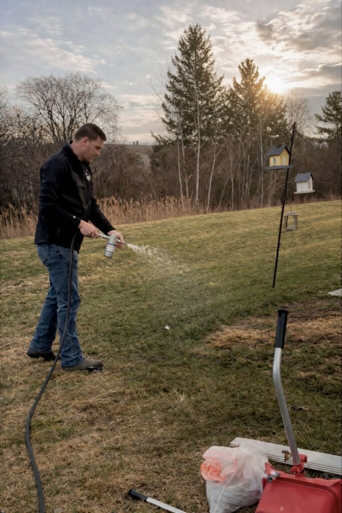 pet waste removal technician applying sanitization treatment to a yard in perrysburg